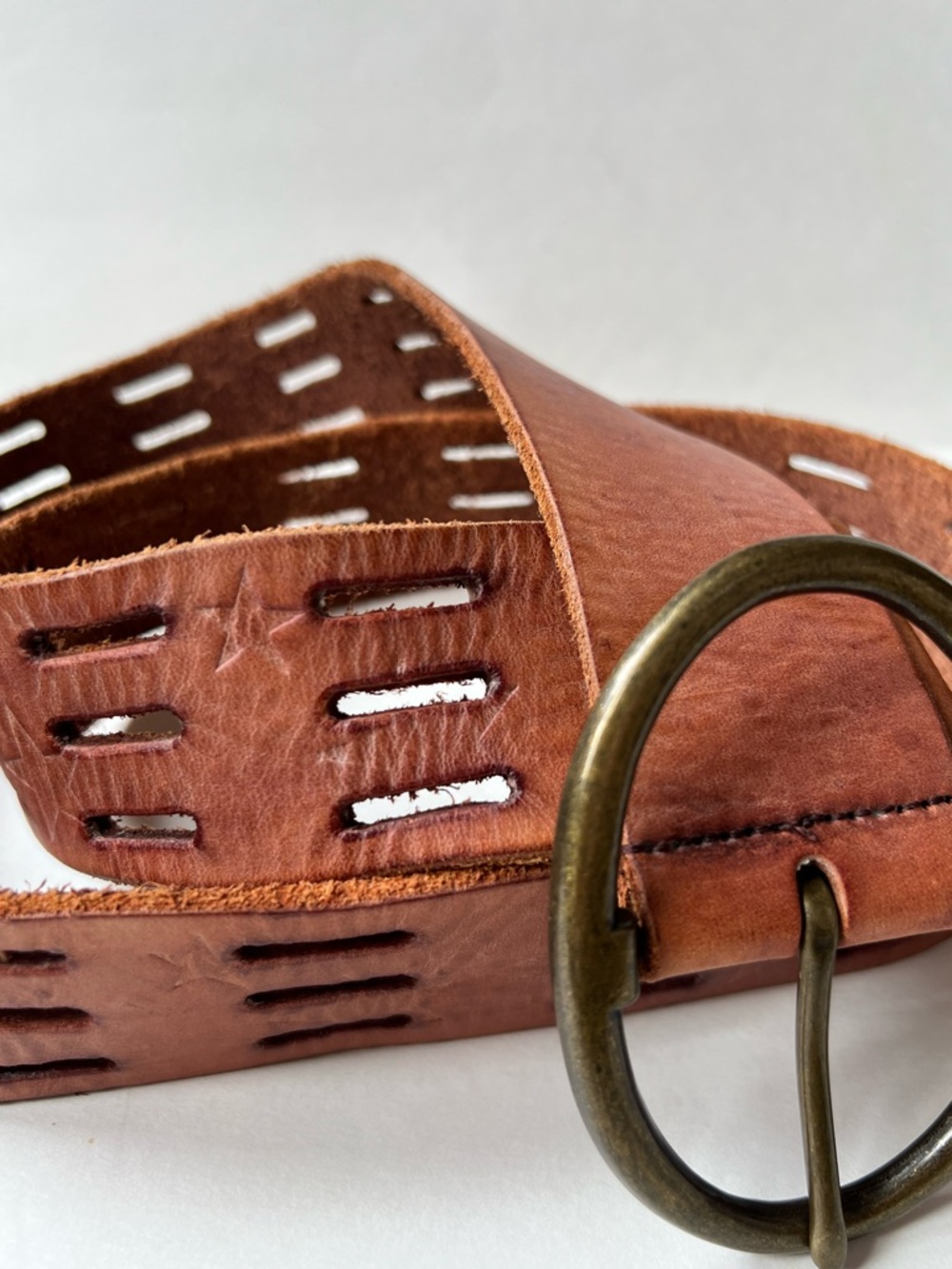 Vintage Brown Leather Belt with Cutouts, Tooled Stars & Brass Oval Buckle